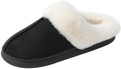 JOMIX Lammfell Hausschuhe Damen Winter Plüsch Pantoffeln Warm Schuhe Unisex Weiche Flache Medizinischer Schuhe (Schwarz 39EU)