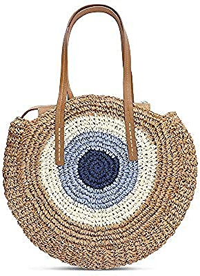 MOBEBI Rattantasche Geflochtene Tasche Umhängetasche Strohtasche Strohtasche Runde gewebte Umhängetasche mit Reißverschluss Umhängetaschen Handgewebte Handtaschen Evil Eye-Khaki