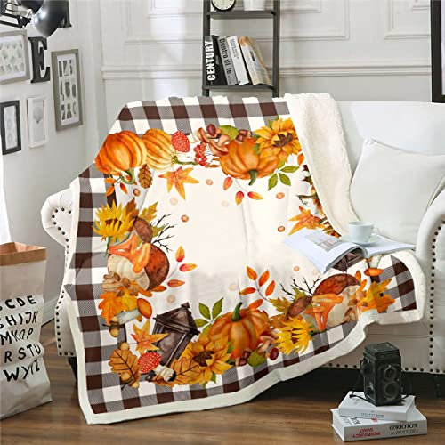 Thanksgiving Decke Herbst Kürbispilze Decke Werfen 150 x 200 für Kinder Brauner Geometrischer Büffel Plaid Fleece Decke Herbst Erntezeit Sherpa Decke Herbstdekorationen für Zuhause Schlafzimmer
