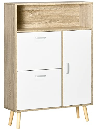 HOMCOM Mueble Zapatero para 8 Pares de Zapatos Armario de Zapatos con 2 Cajones Abatibles Estante Abierto y Puerta para Pasillo Entrada 80x25,5x112,5 cm Natural y Blanco
