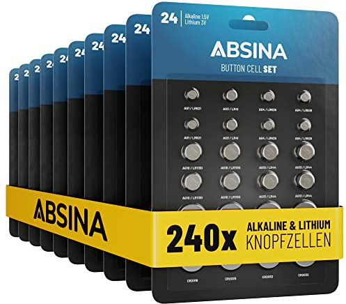 ABSINA 240er Pack Alkaline & Lithium Knopfzellen - 20x AG1 / 20x AG3 / 40x AG4 / 40x AG10 / 40x AG13 / 20x CR2016 / 20x CR2025 / 40x CR2032-1,5V & 3V Knopfzelle Sortiment - Knopfbatterien