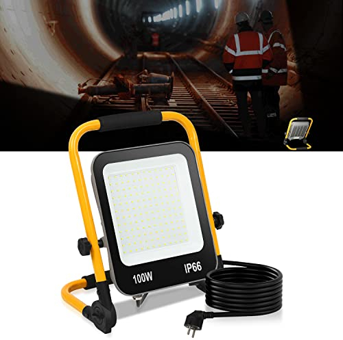 Ansobea Faretto da costruzione 100W 10000LM, Proiettori per Esterni LED Batteria 6000K Luce diurna bianca, Lampada da cantiere a LED con spina, con cavo 3M e impermeabile IP66