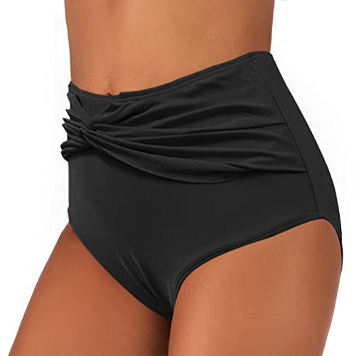 JFAN Bas de Maillots Femme Taille Haute Ruched Bas de Bikini Culotte Bas Maillot Ventre Plat Noir L