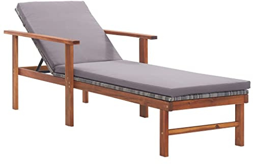 MNISDFL Outdoor Wooden Garden Recliner Lounge Chairs for Outside Outdoor daybed Sun Lounger with Cushion Poly Rattan and Solid Acacia Wood Gray Suitable for Beach, Poolside and Patio