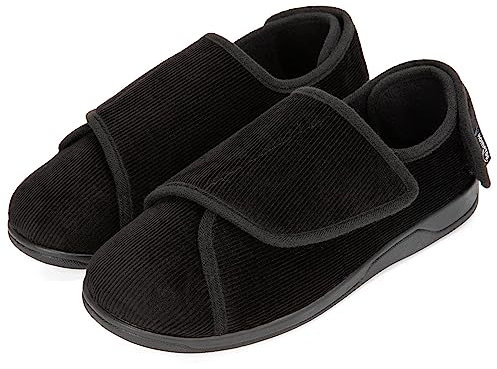 HomeTop Men's Corduroy Slippers Comfy Adjustable Hook and Loop Memory Foam Wide Indoor House Shoes for Diabetic Swollen Feet Black, 12 UK