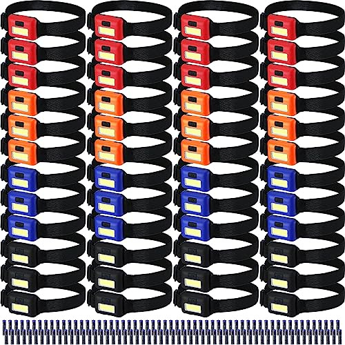 Kittmip 48 Pack LED Headlamp Flashlight Bright Waterproof Head Lamp Torch Cob Flood Head Light Bulk 800 lumens with 3 Modes 144 AAA Batteries for Adult Kids Running Camping Night Survival, 4 Colors