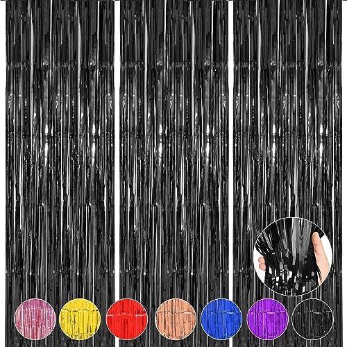 Accevo 3 Stück Schwarz Lametta Vorhang Party Dekorationen 1x2.5M Luftschlangen Schwarze für Geburtstag Deko Glänzende Hintergrund Vorhänge,Schwarz Glitzervorhang als Halloween Deko Graduation Deko.