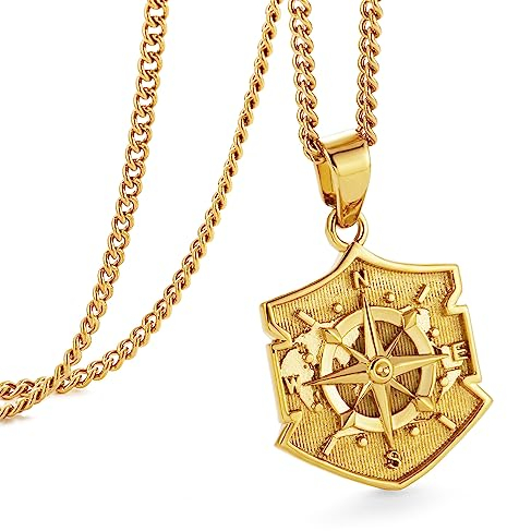 murtoo Gold Schild kette herren, halskette kette, silberkette herren, kompass kette, kompass anhänger, edelstahl kette, anhänger kette, geschenk herren