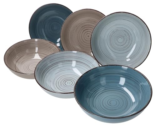 MamboCat Pamplona 6er Set Suppenteller tief I 450ml I Ø 18 cm I 6 Personen I Steingut-Schalen in Creme, Hell- & Mittelblau I Bowl mit Strudel-Dekor für Salat, Müsli, Dessert, Snacks & Co