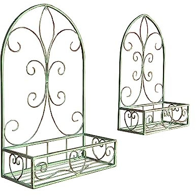 Alfie Francis Set of 2 Outdoor Wall Mounted Planters Metal Plant Pot Holders Decorative Garden Display Shelves Vintage Rustic Decor