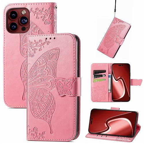 JIUNINE Cover per Apple iPhone 15 Pro Max, Custodia Interno TPU Antiurto Portafoglio con Disegni di Farfalla [Carta Fessura] [Supporto Stand] Cover Libro in PU Pelle, Rosa