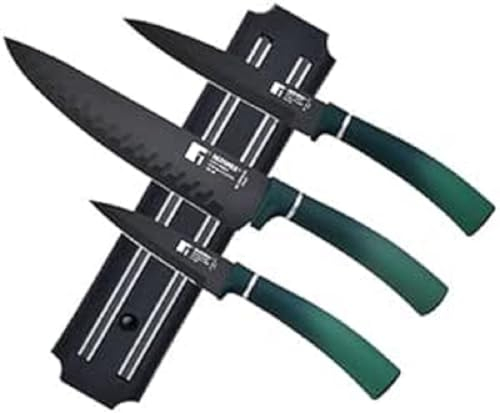 BERGNER Classique - Set 4 Cuchillos de Chef - Carne, Sierra para Pan, Trinchador y Multiusos - Colección de Acero Inoxidable Antiadherente - Asas Suaves al Tacto - Color Verde