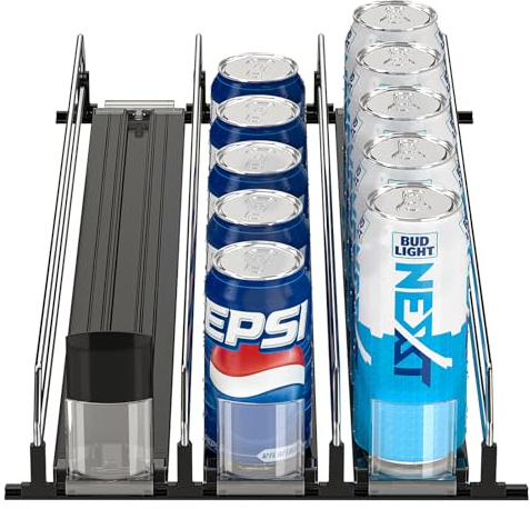 Mutool Fridge Drink Dispenser, Automatic Can Dispenser Storage 15 Standard Size Cans, Width Adjustable Drink Dispenser Self Pushing Can Holder for Fridge, Kitchen, Supermarkets, Cabinet, 3 Rows, Black