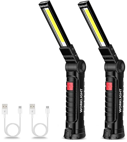 MODOAO LED Work Light, USB Rechargeable Bright Torch with 5 Light Modes, 2 Pack Lager Handheld Flashlight COB LED Inspection Lamp Torch, with Magnetic Base and Hook for Mechanic Tools, Emergency