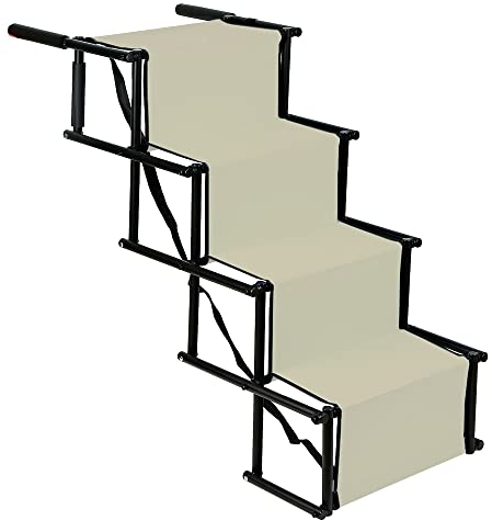 Belfoye - Rampa de coche plegable para perros, escalera a 4 pasos para mascotas, apto para todos los vehículos, cargable hasta 75 kg, impermeable poliéster Oxford metal (Beige)