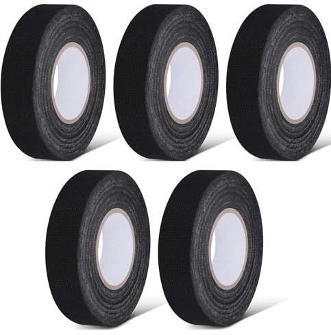 Zocipro 5 Rollos Cinta de Tela Adhesiva, Cinta Aislante de Algodón 19mm x 15M, Arnés de Cables Alta Temperatura, Cinta Aislante Eléctrica Para Coche Automotriz Motocicleta y Hogar, Negro