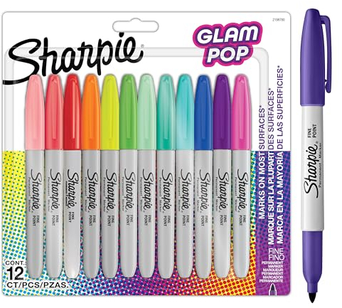Sharpie Glam Pop Permanent Markers | Fine Point for Bold Details | Assorted Vibrant Colours | 12 Marker Pens