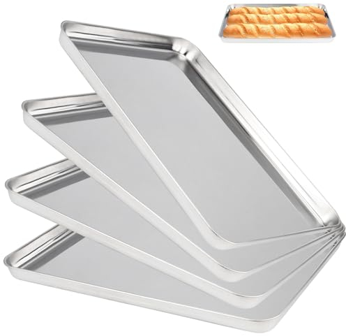 MAHIONG Stainless Steel Baking Trays Set of 4, Large Cooking Sheets Rectangular Oven Tray for Baking, Roasting, and Cooking, Mirror Finished, Dishwasher Safe (40.5 x 30.5 x 2.5cm)