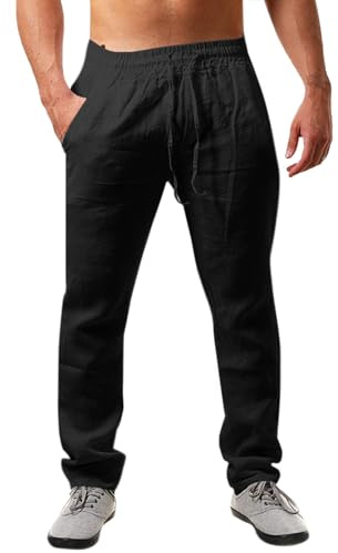 Runcati Pantalones de Lino para Hombre, Lisos, Largos, Ligeros, Holgados, con cordón, para Vacaciones, Playa, Uso Diario