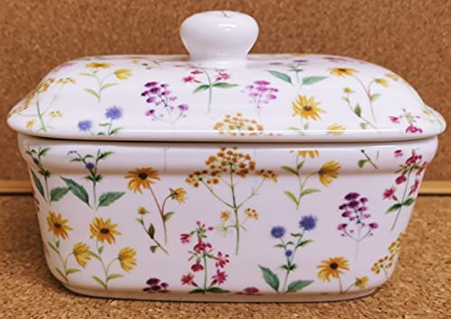 Beurrier en porcelaine fine Motif fleurs de prairie Multicolore