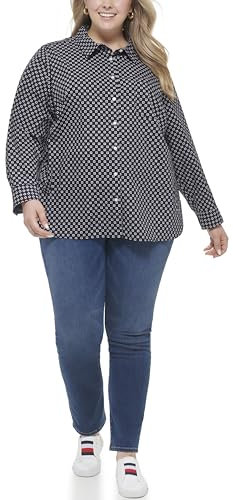 Tommy Hilfiger Women's Long Sleeve Button Up Collared Shirt, Sky Captain Multi, 2X