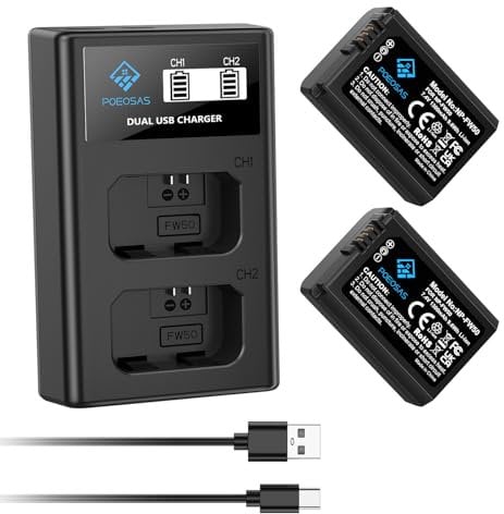 POEOSAS 2 x 1500 mAh NP-FW50 Battery with Type C LED Dual Battery Charger for Sony Alpha A3000, A5000, A5100, A6000, A6300, A6400, A6500, A7, A7II, A7RII and RX10 NEX-3/5/7 Series