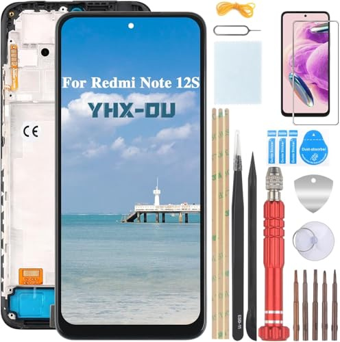 YHX-OU Pantalla de 6,43 pulgadas negro + marco para Xiaomi Redmi Note 12S 2303CRA44A, 23030RAC7Y, 2303ERA42L LCD Pantalla táctil Reemplazo pantalla de cristal con herramienta + 1 pieza Protector de