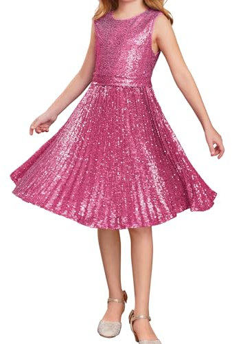 GRACE KARIN Robe de Soirée Fille Robe de Fête en Tulle sans Manches Col Rond Robe de Soirée Paillettes Filles Midi 10-12 Ans/Rose Rouge -2