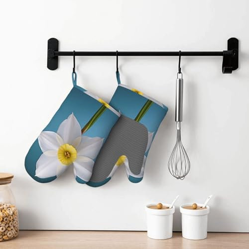 Silikon Ofenhandschuhe 2 Stück Weiß Narzisse Ofenhandschuhe für Damen Herren Hitzebeständige Grillhandschuhe Wasserdicht rutschfest BBQ Handschuhe für Küche Kochen