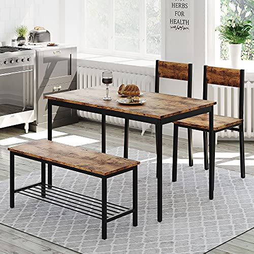 Rustikales Esstisch- und Stühle-Set mit Bank, 4-teiliges Holz-Stahlgestell, Industrie-Stil, Küchen-Essgruppe im Retro-Design