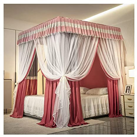 DRFGNF Moustiquaire à baldaquin de lit à 4 Coins, Rideau de lit décoratif Romantique pour Chambre de Princesse, avec Support en métal (Couleur : Rose-1, Taille : 180X200cm/71X79in)