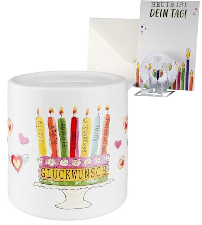 CULT at home 3-teiliges Geschenkset - Spardose Wunscherfüller Geldgeschenk Urlaub Reise - mit Glückwunschkarte und Teelichthalter klein – Spar Dose Ø 9 cm mit Motiv: Geburtstagstorte mit Kerzen