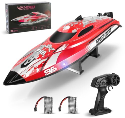 Helangel RC Boat, 2.4Ghz Remote Control Boat 25KM/H Self Righting Racing Boats Outdoor Radio Controlled Watercraft with Low Battery Alarm Rechargeable Battery for Pools Lakes, Red