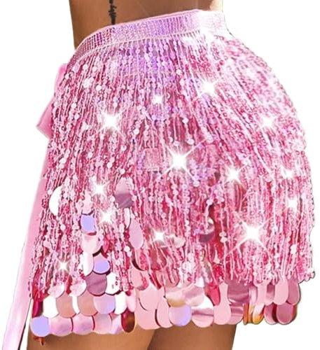 Reaky Roter Paillettenrock mit Fransen, Bauchtanzröcke, Meerjungfrauenkostüm für Damen (DE/NL/SE/PL, Alphanumerisch, Einheitsgröße, Regular, Regular, Rosa)