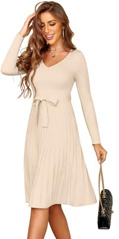 Zeagoo Robe Hiver Femme Pull Chic et Élégant Col V Robes en Tricot à Manches Longues A Ligne Robe avec Ceinture S-XXL