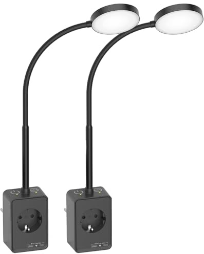 PRINCEWAY LED Wand Leselampe Bett Schwanenhals Dimmbar Schwarz Innen mit Stecker, Steckdose und USB Anschluss, 2er Pack Steckdosenlampen LED, Zwei Berührungsschalter, 3er Lichtfarben Modi