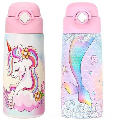 Ntswasd Girls Insulated Water Bottle with Covered Pop-Up Straw,500 ML Kids Cups with Stainless Steel Leak Proof for School(2PCS,Unicorn+Mermaid)
