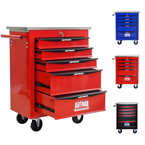 ELIHGTBY Roll-Werkzeugkoffer, Edelstahlplatte, Rot, 5 Schubladen | Robust schließbar Stahl Werkzeugschrank mit Schubladen auf Rollen für Garage, Lager und Werkstatt