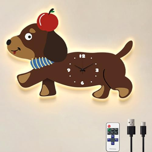 OOWOKS Hund wandleuchte mit Uhr und Fernbedienung LED Wandlampe Kinderzimmer Tier mit USB Kabel Deko Nacttischlampe-Wand 3 Farbtemperaturen für Babyzimmer Schlafzimmer Kindergarten,B