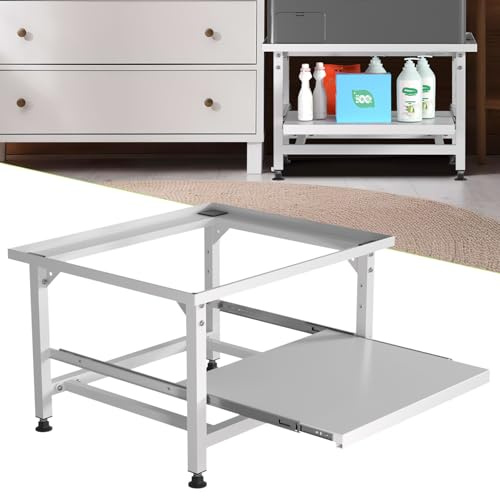 Eikuavons Support de machine à laver 42 cm avec étagère extensible, pieds réglables en hauteur, amortissement du bruit, tiroir coulissant à 3 niveaux, capacité de charge de 150 kg, blanc