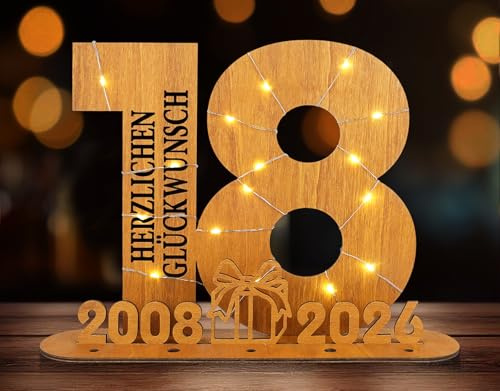 ARTREE Regalo de 18 cumpleaños para niñas y niños, regalo de madera con cadena de luces LED, cartel libro de visitas, decoración de mesa y regalo de dinero en uno, diseño de números de año