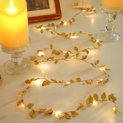 Larfraecy 50 warmweiße Micro-LED-Lichterkette, Blattgold, batteriebetrieben, 5 m, goldene Efeu-Lichterkette, Girlande für Schlafzimmer, Weihnachten, Wanddekoration, Zuhause, Tischdekoration, Hochzeit
