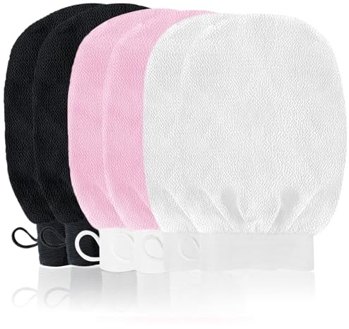 URAQT Gant Exfoliant, Kit 6 Gants Exfoliants, Gants de Gommage pour Hommes et Femmes, Gommage naturel Et Efficace, pour la Douche, Corps (Noir + Rose + Blanc)