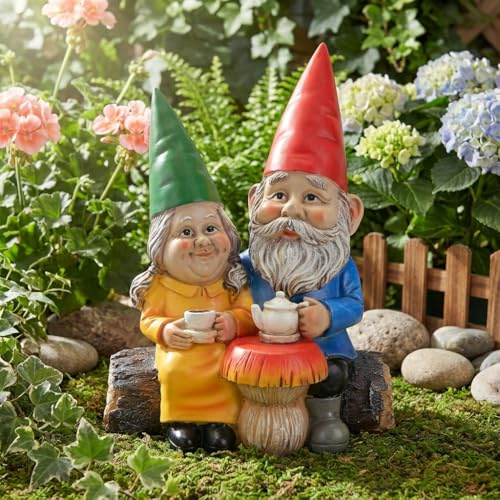 Garden Gnome Statue Outdoor Ornaments, Romantic Couple Drinking Coffee Figurine for Patio Yard Lawn Decor, Weather,Resistant Sculptures, Ideal Anniversary Valentines Birthday Gifts Forever Love