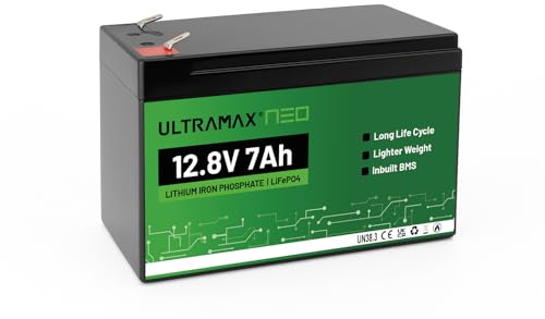 Batería de litio ULTRAMAX Neo de 12 V y 7 Ah (LiFePO4), más de 10000 ciclos, vida útil de 10 años, recargable