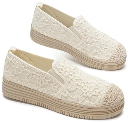GLAMORA Zapatillas Mujer Sin Cordones Encaje Transpirable con Elástico Ajustable Plataforma Cómoda Punta Redonda Suela Antideslizante Estilo Casual Urbano Calzado Ligero Primavera Verano beige-39