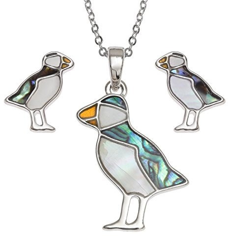 Kiara Jewellery Ensemble de pendentif incrusté de coquille d'ormeau de paua vert naturel et nacre sur chaîne de 45,7 cm avec boucles d'oreilles plaquées rhodium hypoallergéniques.