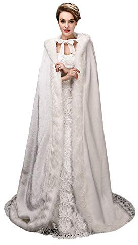 Ommda Cape Mariage Fausse Fourrure Longue Capuche de Mariée Manteau Mariage Femme Hiver,Blanc Ivoire,