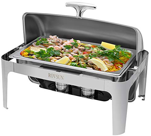 ROVSUN Chafing Dish Buffet Set, 9 Quart Roll Top Edelstahl Chafer, NSF Rechteckiges Set mit Lebensmittelpfanne, Wasserpfanne und Brennstoffhaltern, für Hochzeit, Partys, Bankett, Catering Events