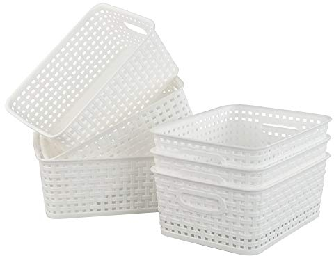 Mayish Weave Storage Basket, Plastic Weave Storage Shelf Baskets, White, 6 Packs